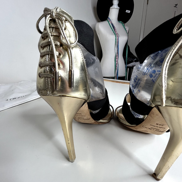 Jimmy Choo Gold Leather and Black Strap Stiletto Heel Peep Toe Sandals 39.5 - Picture 7 of 16